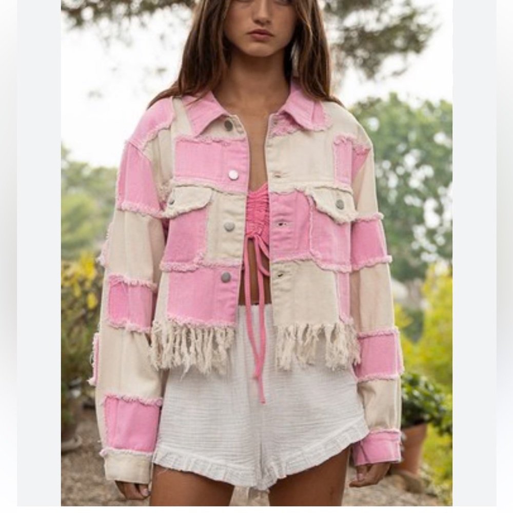 POL Patchwork Fringe Distressed Denim Jacket - Pink/Off White
